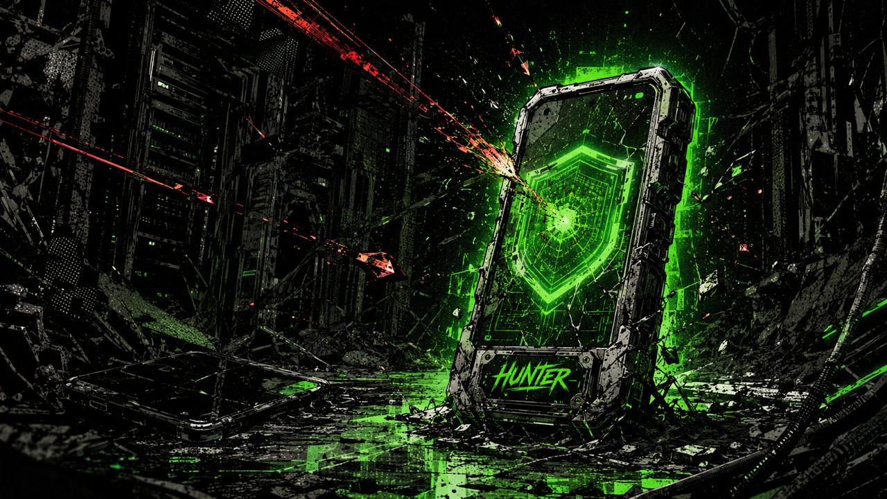 Dark comic: armored smartphone with a shield, red attacks bouncing off