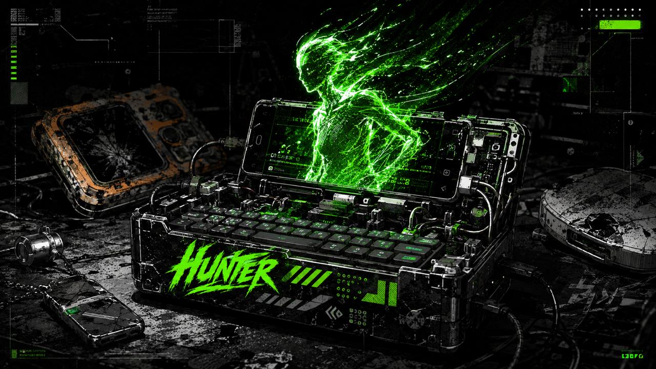 Dark comic: self-built cyberdeck laptop with a glowing digital figure rising from its display